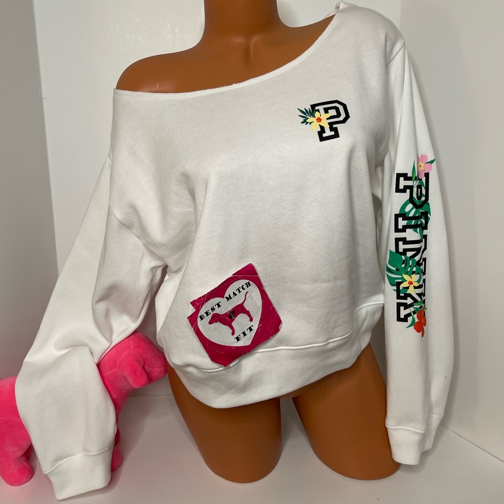 Victoria’s Secret PINK XL Logo Sweatshirt Off-shoulder Super Soft Floral White